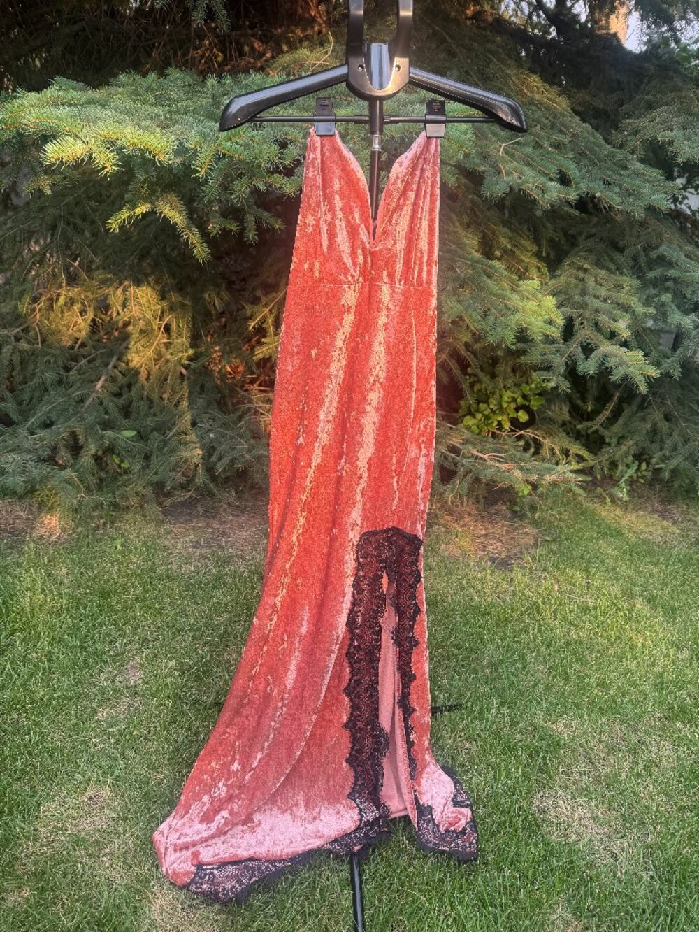 Symphony Crushed Velvet Maxi Gown Rose Gold Coral Black Lace Slit Gala